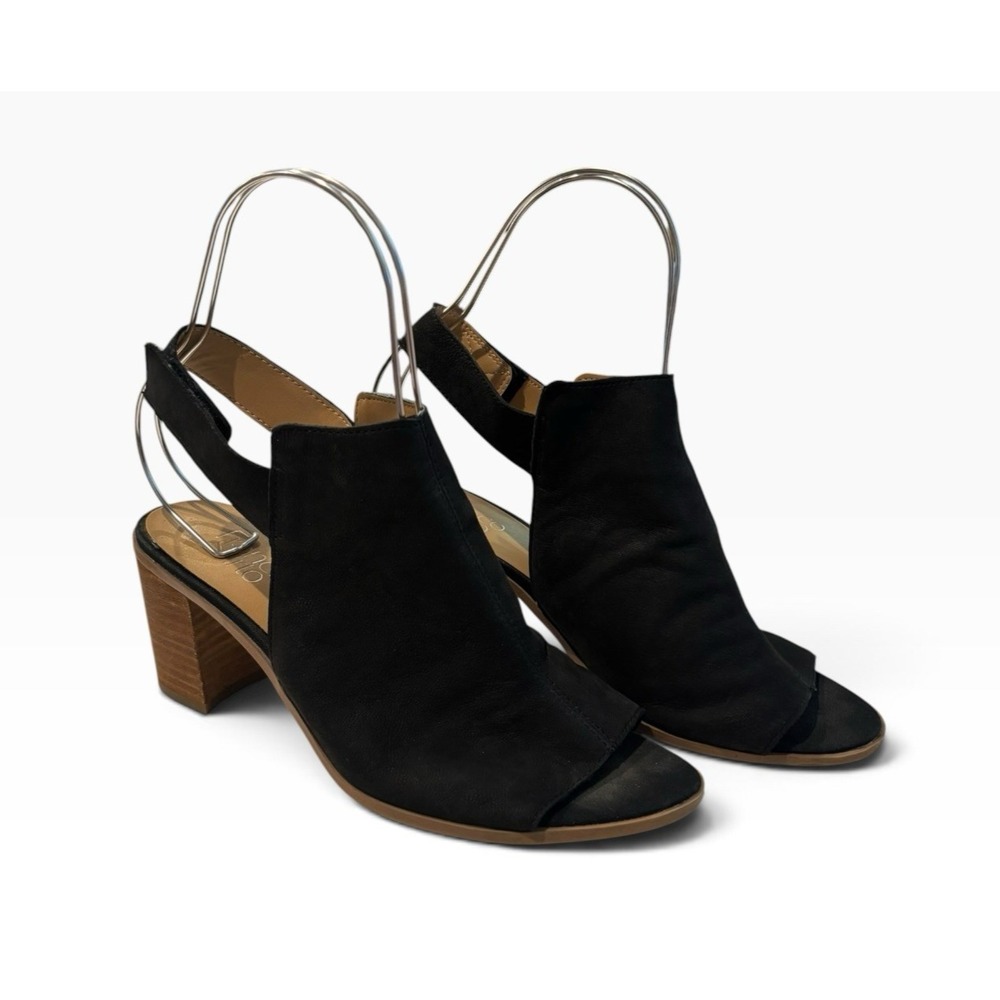 Black Leather Peep Toe Slingback Block Heel Sandals Women's 9 Franco Sarto